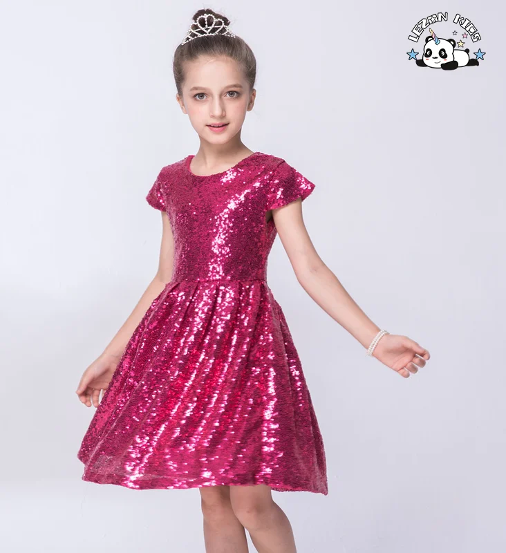 LEZONKIDS - Customizable Hot Selling Short Sleeved Sequin Fabric Dress Pure Color Round Neck Party Princess Girls Dresses